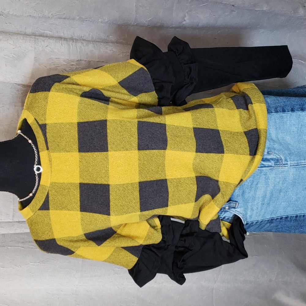 Like new White Birch yellow and black plaid ruffle long sleeve size Medium